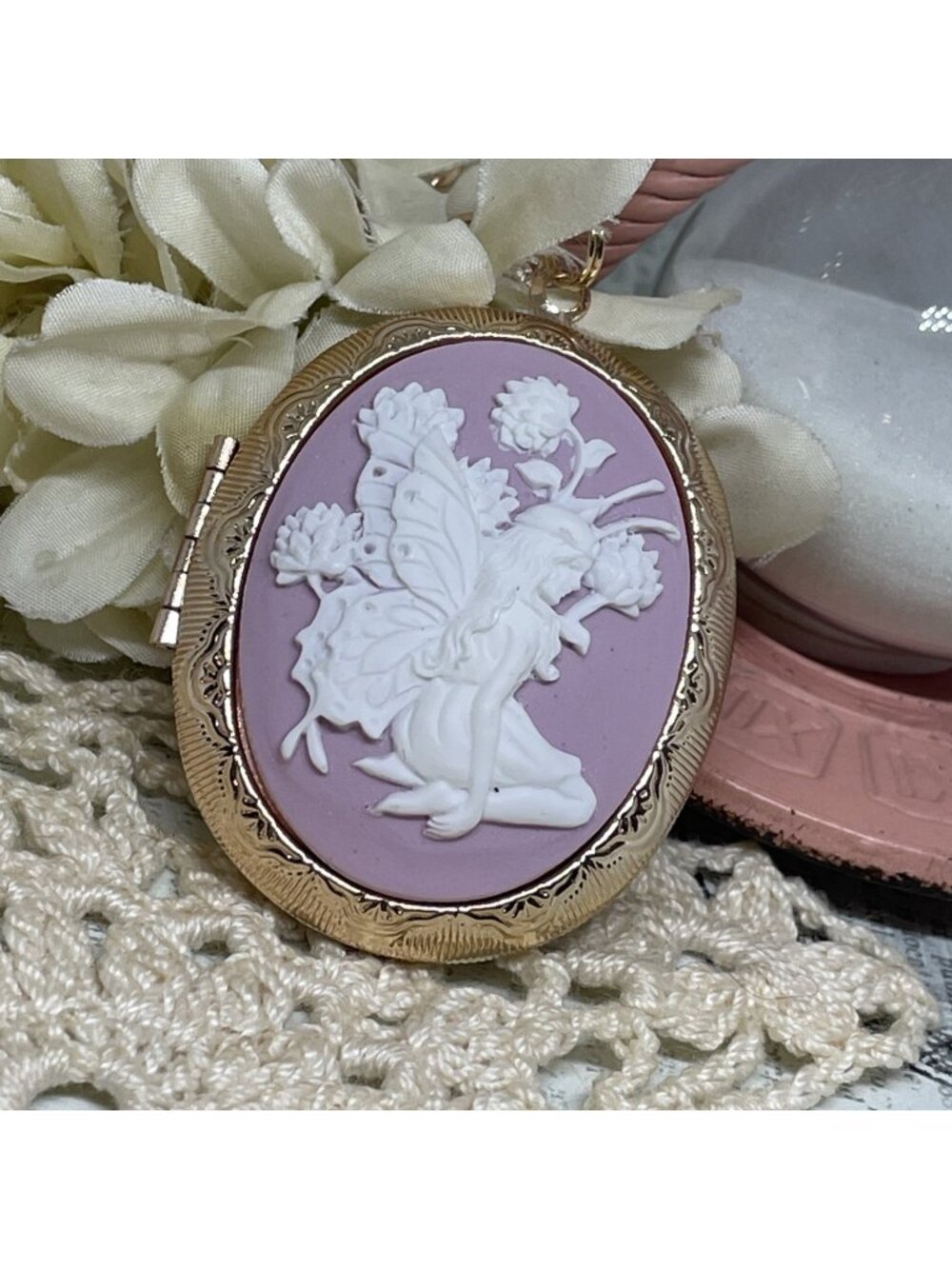 Rose Gold Fairy Flower Butterfly Cameo Locket Necklace anniversary birthday